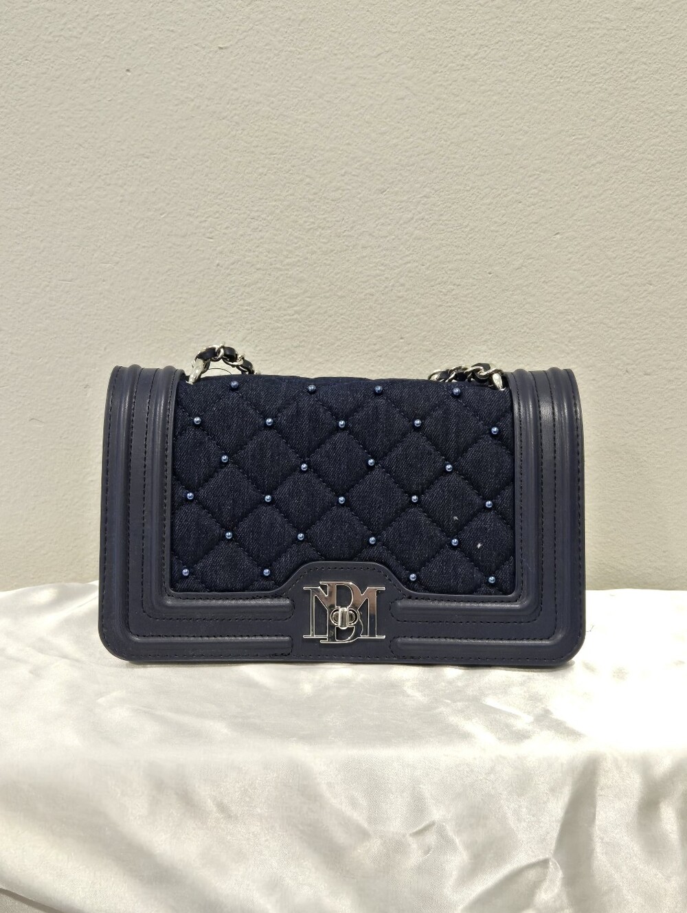 Badgley Mischka NWT Vegan Leather Quilted Denim Pearl-Accent Shoulder Bag